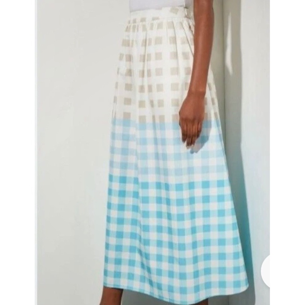 Ming Wang Gingham Maxi Skirt Blue Tan Ombre Checked A-Line Pockets Womens L